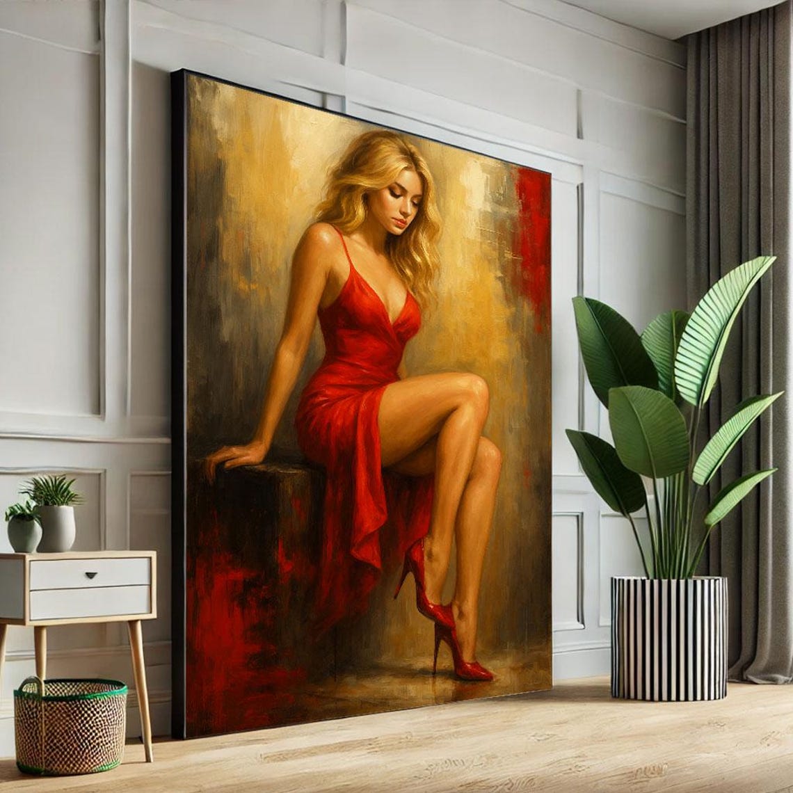 Elegant Woman In Red Dress Art Print, Modern Decor