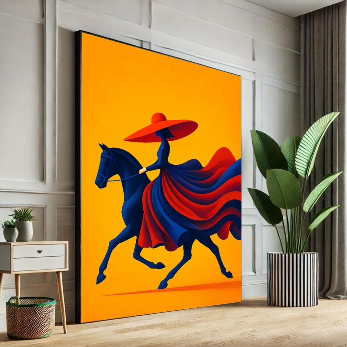 Bold Equestrian Woman In Red Hat Riding Blue Horse Orange Art Poster