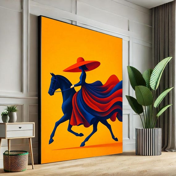 Bold Equestrian Woman On Horse Canvas Wall Art Print Vibrant Modern Living Room Decor Statement Piece