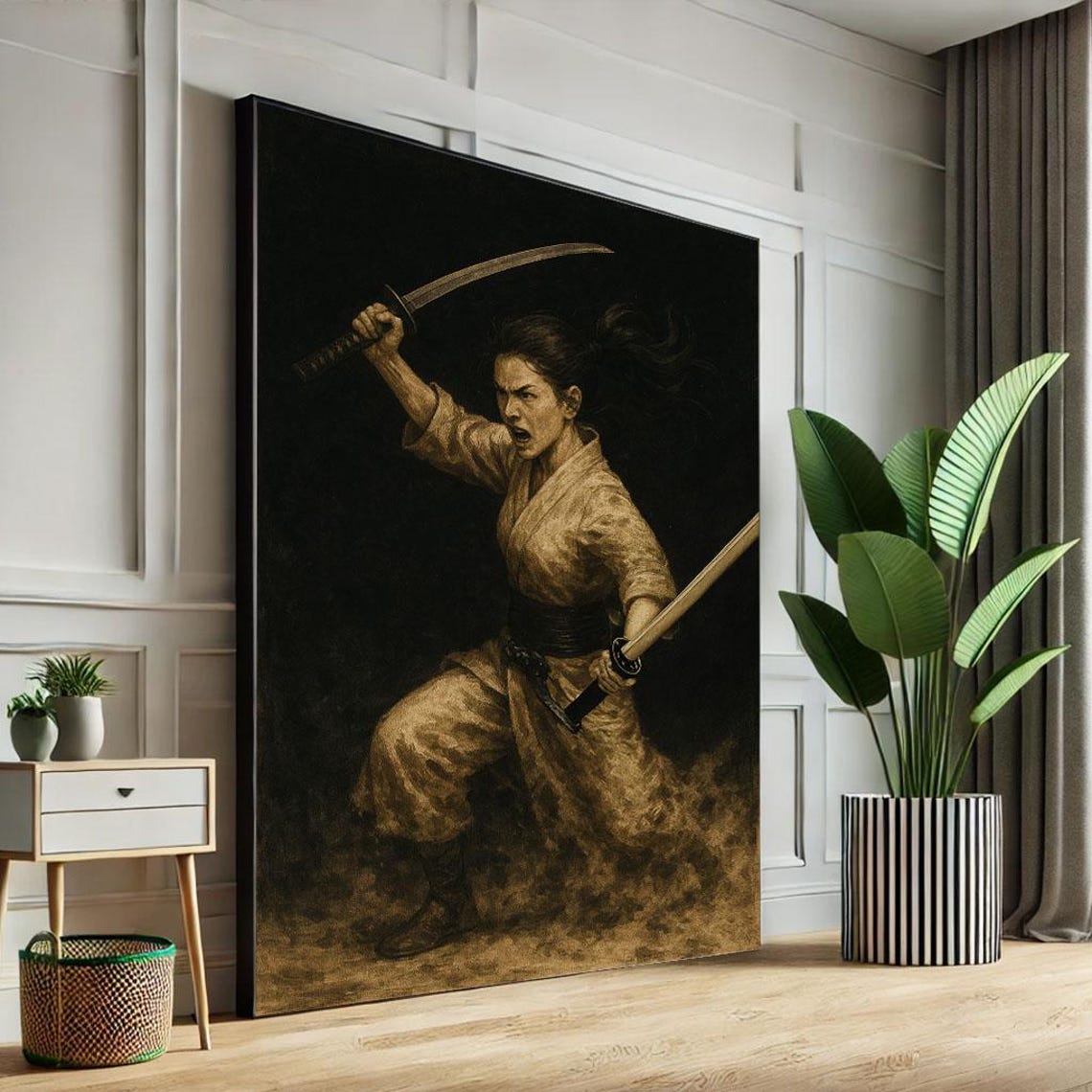 Fierce Female Samurai Mid Battle Wielding Katana Sepia Tones Poster