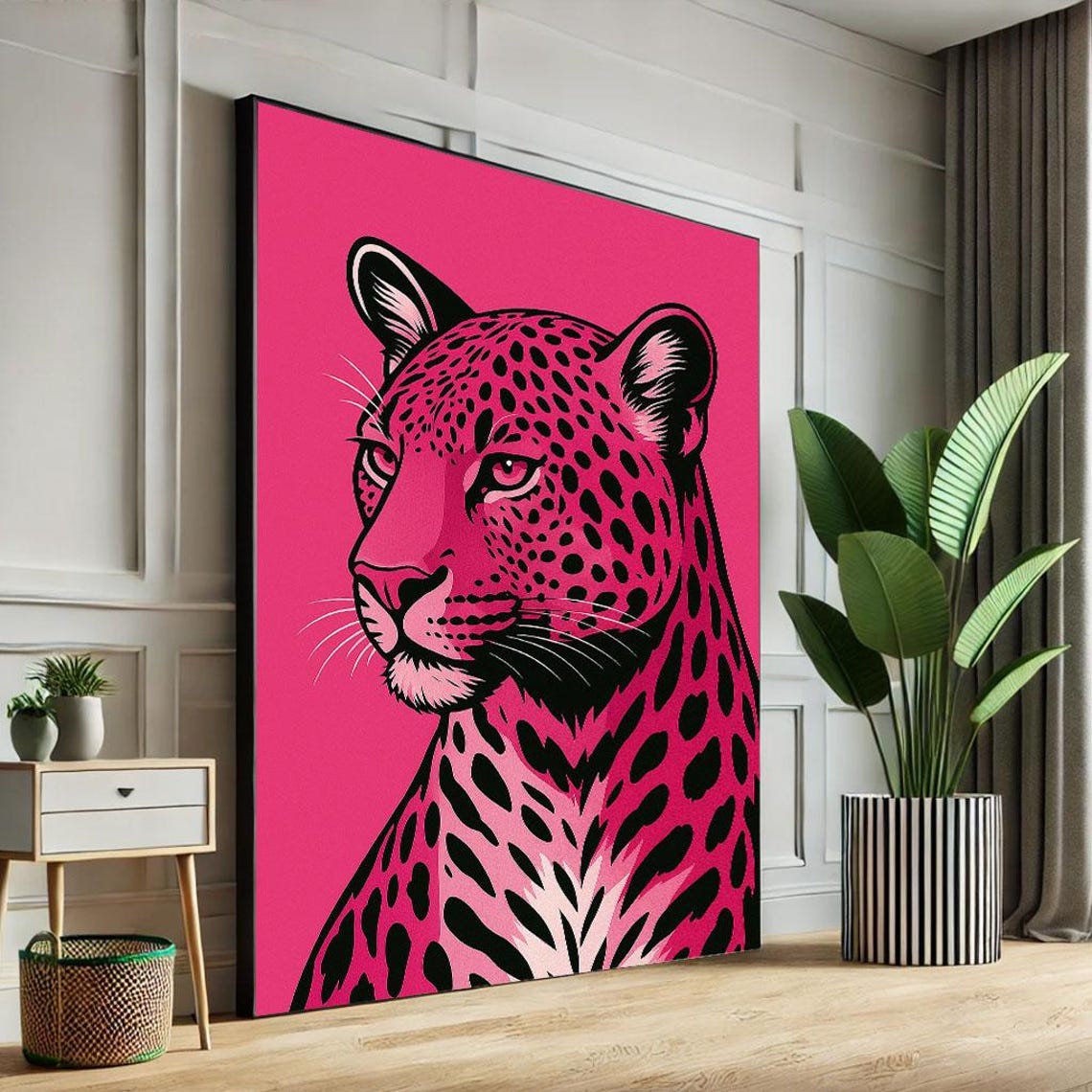 Bold Pink Leopard Portrait Canvas Wall Art Print Modern Pop Living Room Decor Statement Piece