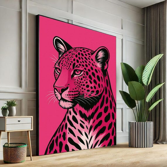 Bold Pink Leopard Portrait Canvas Wall Art Print Modern Pop Living Room Decor Statement Piece