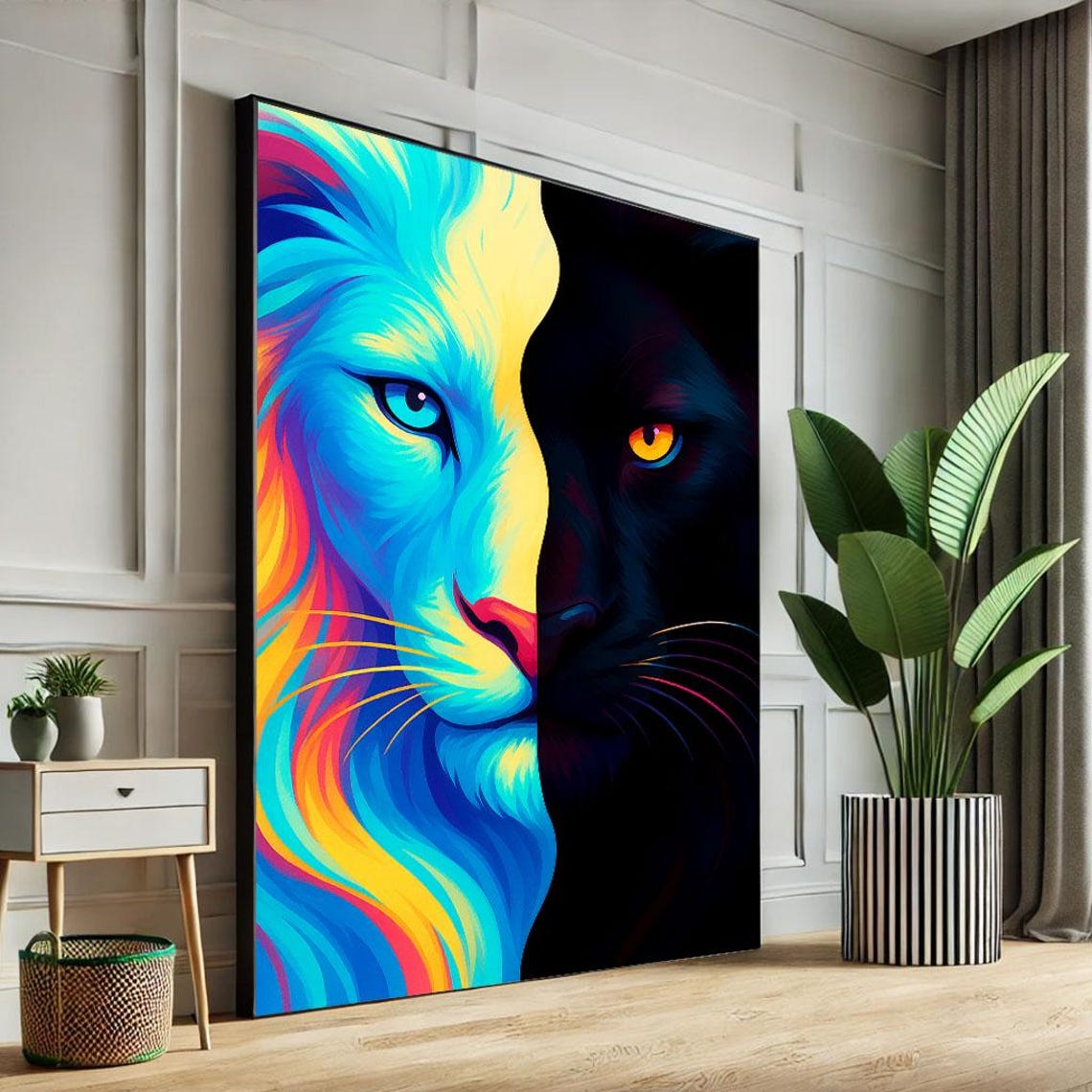 Colorful Lion And Panther Canvas Wall Art Print Modern Abstract Bedroom Decor Statement Piece