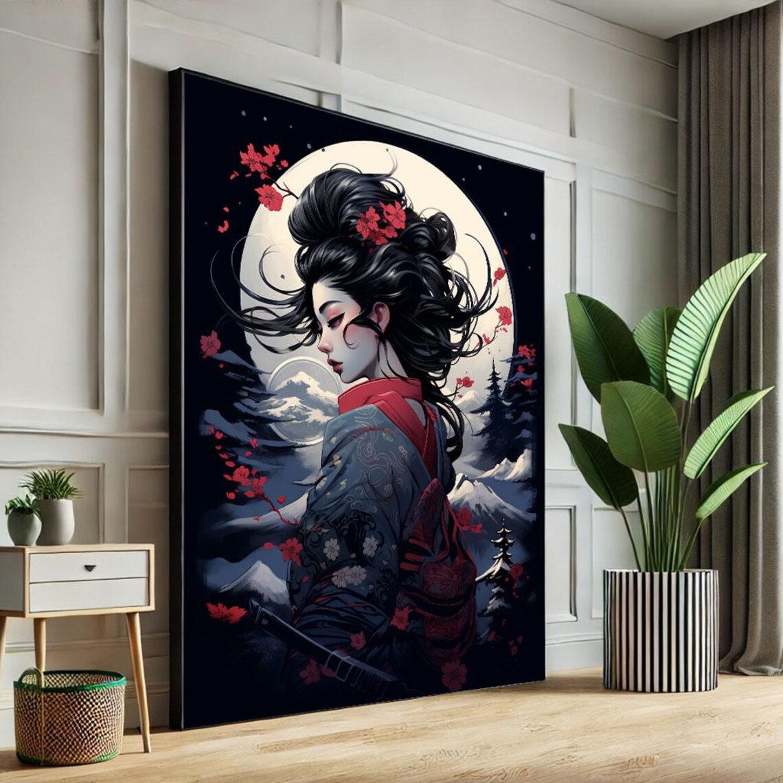 Geisha Full Moon Red Maple Leaves Katana Night Japanese Art Poster