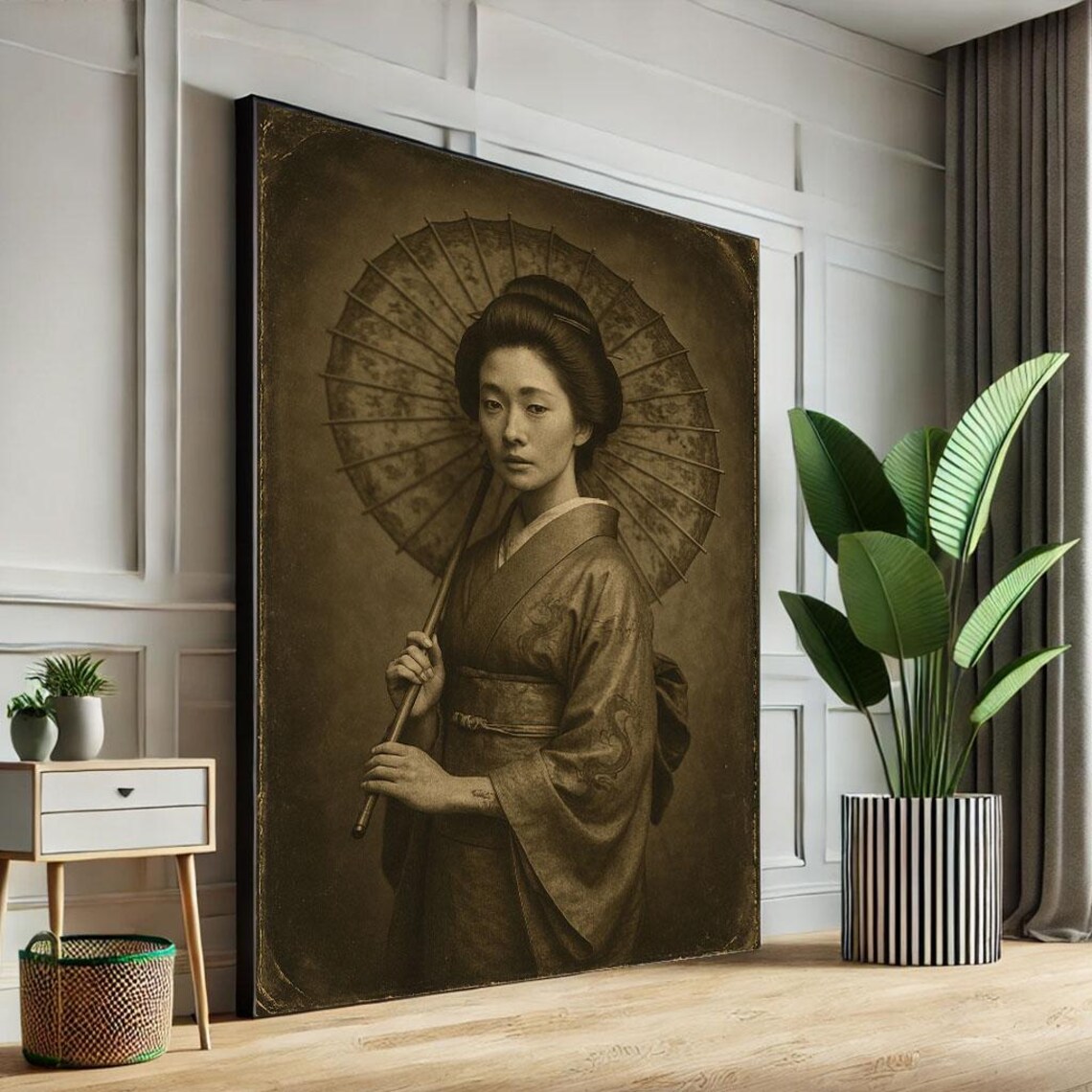 Vintage Sepia Geisha With Umbrella Antique Photo Style Art Poster