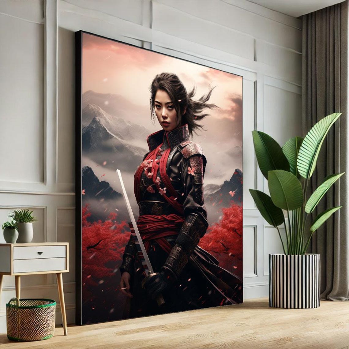 Samurai Woman Katana Cherry Blossom Sunset Red Mountains Poster