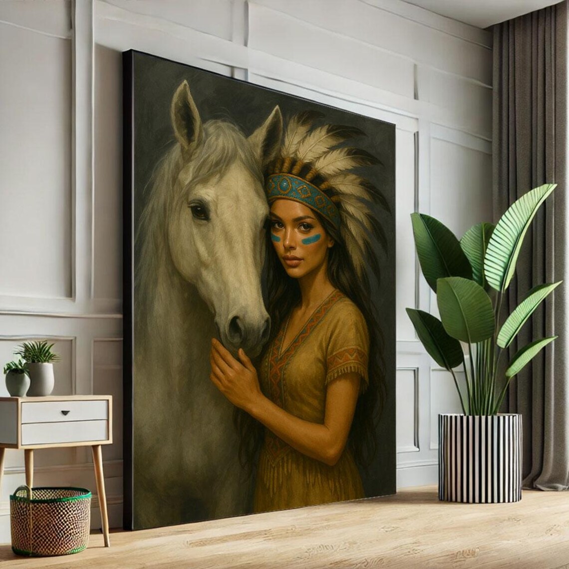 Native Woman With White Horse Feather Headdress Warm Art Poster