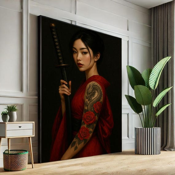 Elegant Samurai Woman Canvas Wall Art Print Red And Black Bedroom Decor Statement Piece
