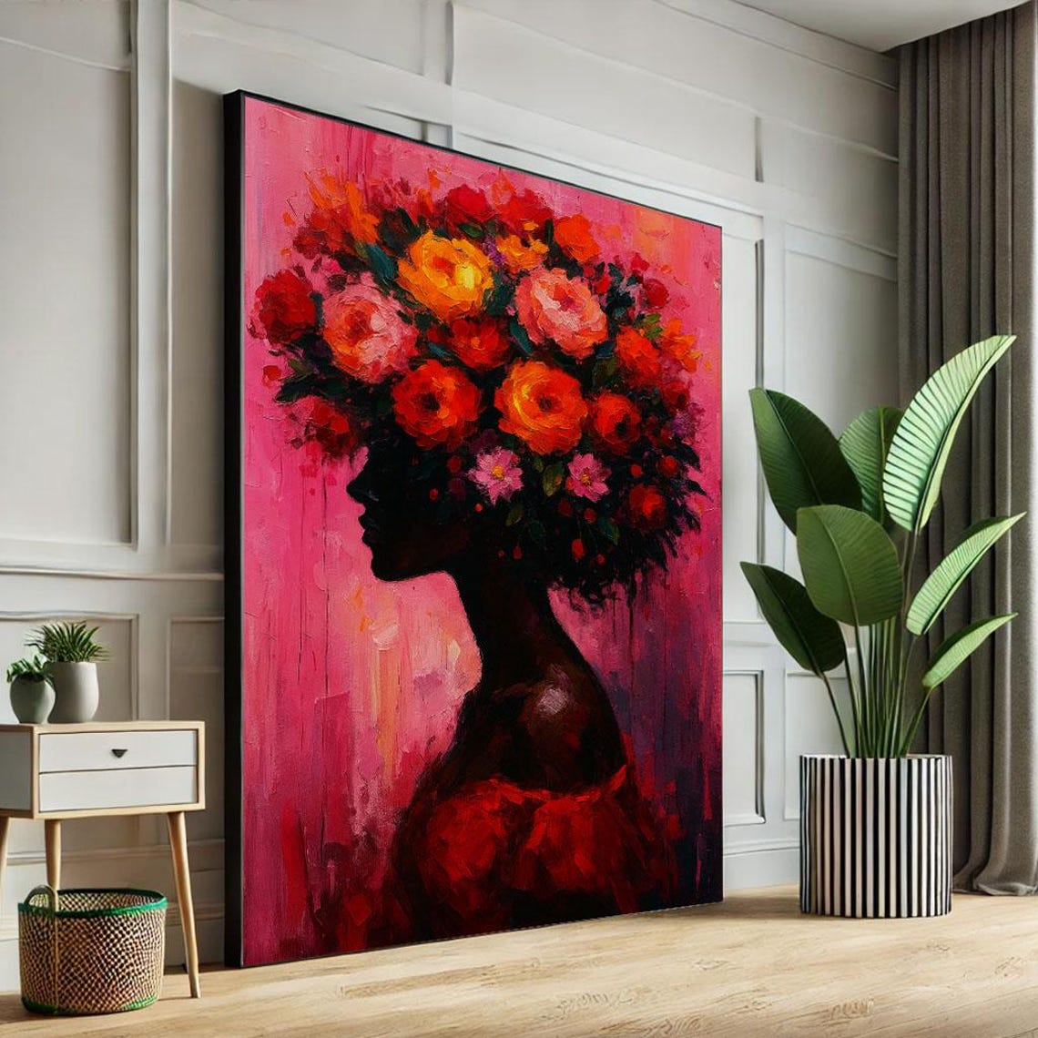 Vibrant Floral Afro Woman Silhouette on Pink Background Poster