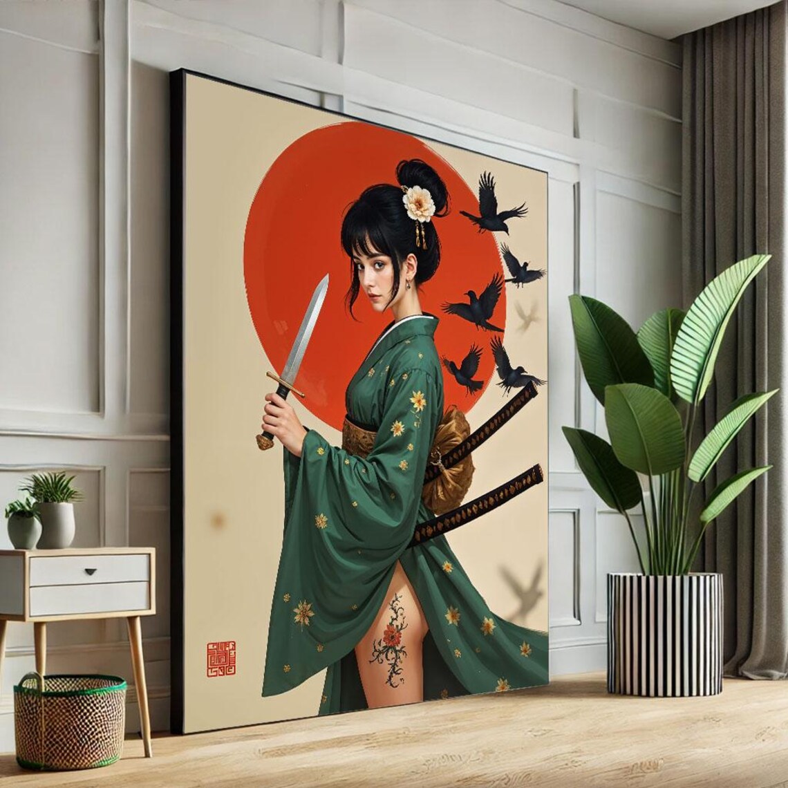Oriental Samurai Woman Green Kimono Dual Sword Raven Art Poster