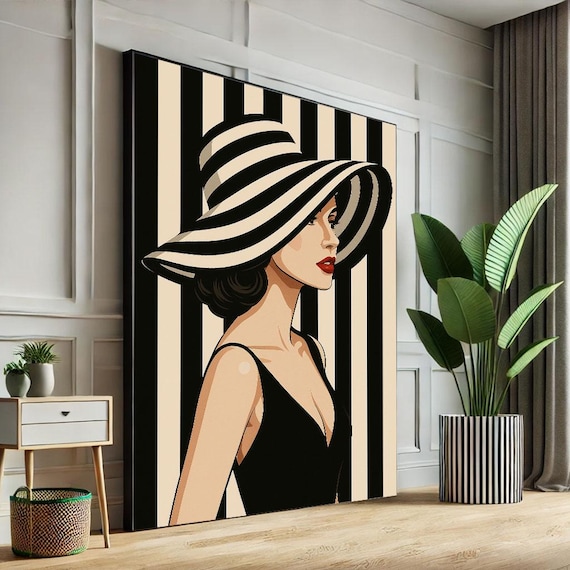 Elegant Modern Woman Striped Hat Bold Stripes Fashion Art Poster