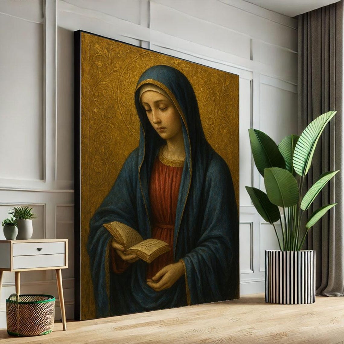 Virgin Mary Reading Book Blue Robe Gold Halo Religious Wall Art