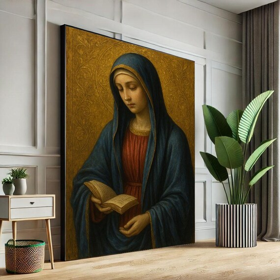 Virgin Mary Reading Book Blue Robe Gold Halo Religious Wall Art
