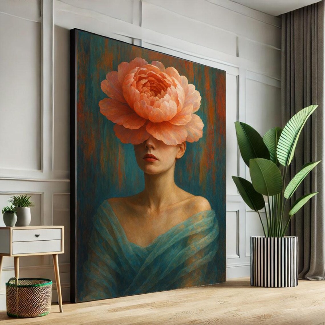 Surreal Woman With Giant Coral Peony Flower Over Eyes Poster