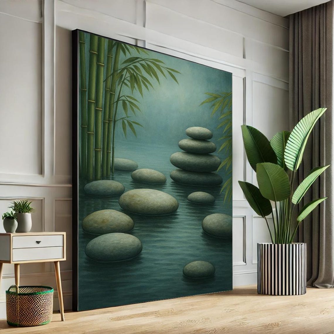 Zen Balancing Stones Bamboo Teal Water Meditation Art Poster