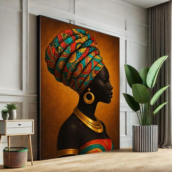 Bold African Woman Portrait Canvas Wall Art Print Vibrant Living Room Decor Statement Piece