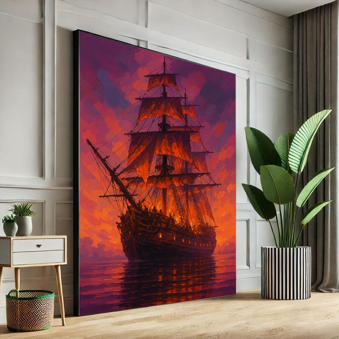 Majestic Sailing Ship Full Sails Fiery Sunset Ocean Art Poster