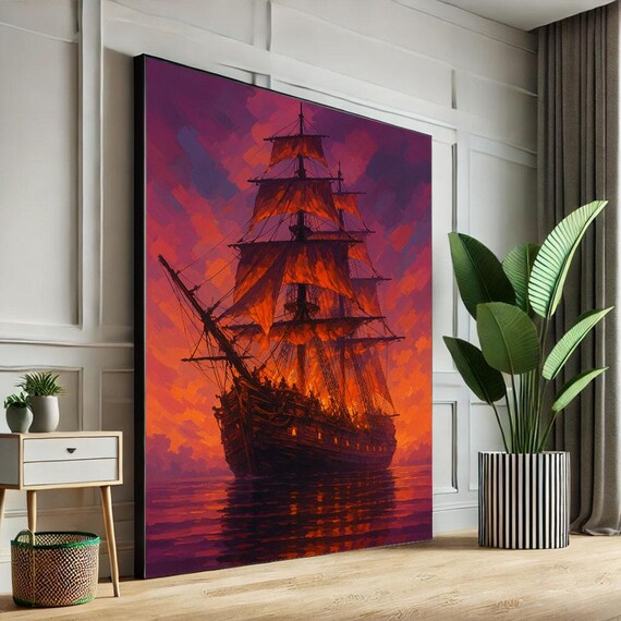 Majestic Sailing Ship Full Sails Fiery Sunset Ocean Art Poster