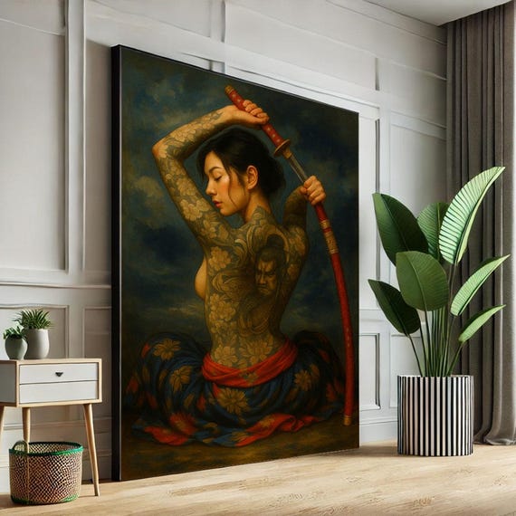 Mesmerizing Tattooed Woman Samurai Canvas Wall Art Print Dark Tones Living Room Decor Statement Piece