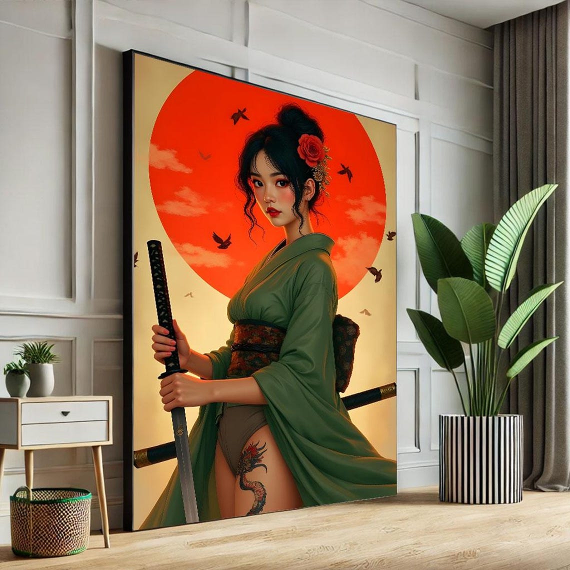 Samurai Woman In Green Kimono Holding Katana Before Red Sun Poster
