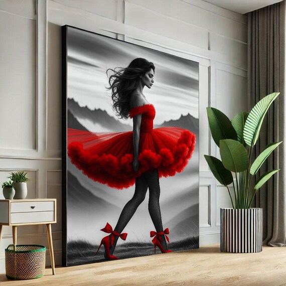 Elegant Woman In Red Dress Black And White Dramatic Fashion Poster