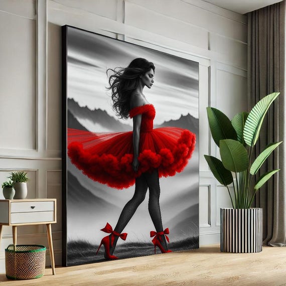 Elegant Woman In Red Dress Canvas Wall Art Print Modern Black And White Living Room Decor Statement Piece