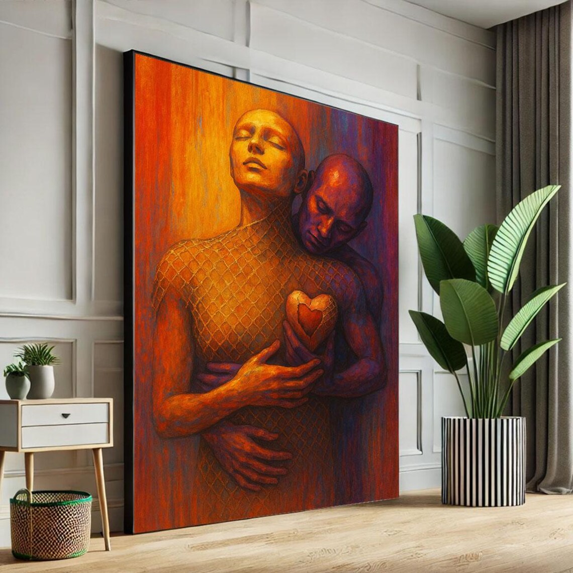 Golden Crimson Lovers Embrace With Glowing Heart Warm Art Poster