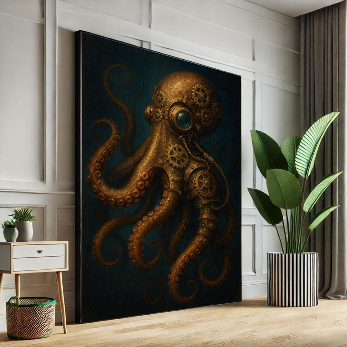 Intricate Steampunk Octopus Bronze Gears Dark Ocean Mechanical Poster