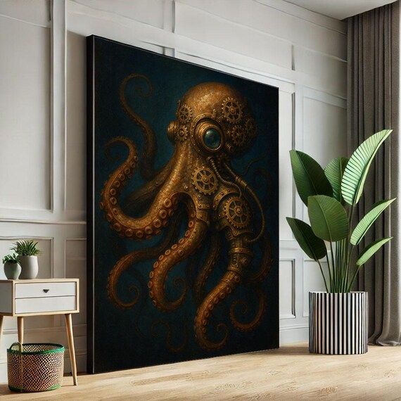 Steampunk Octopus Canvas Wall Art Print Dark Bronze Living Room Decor Statement Piece For Modern Lovers
