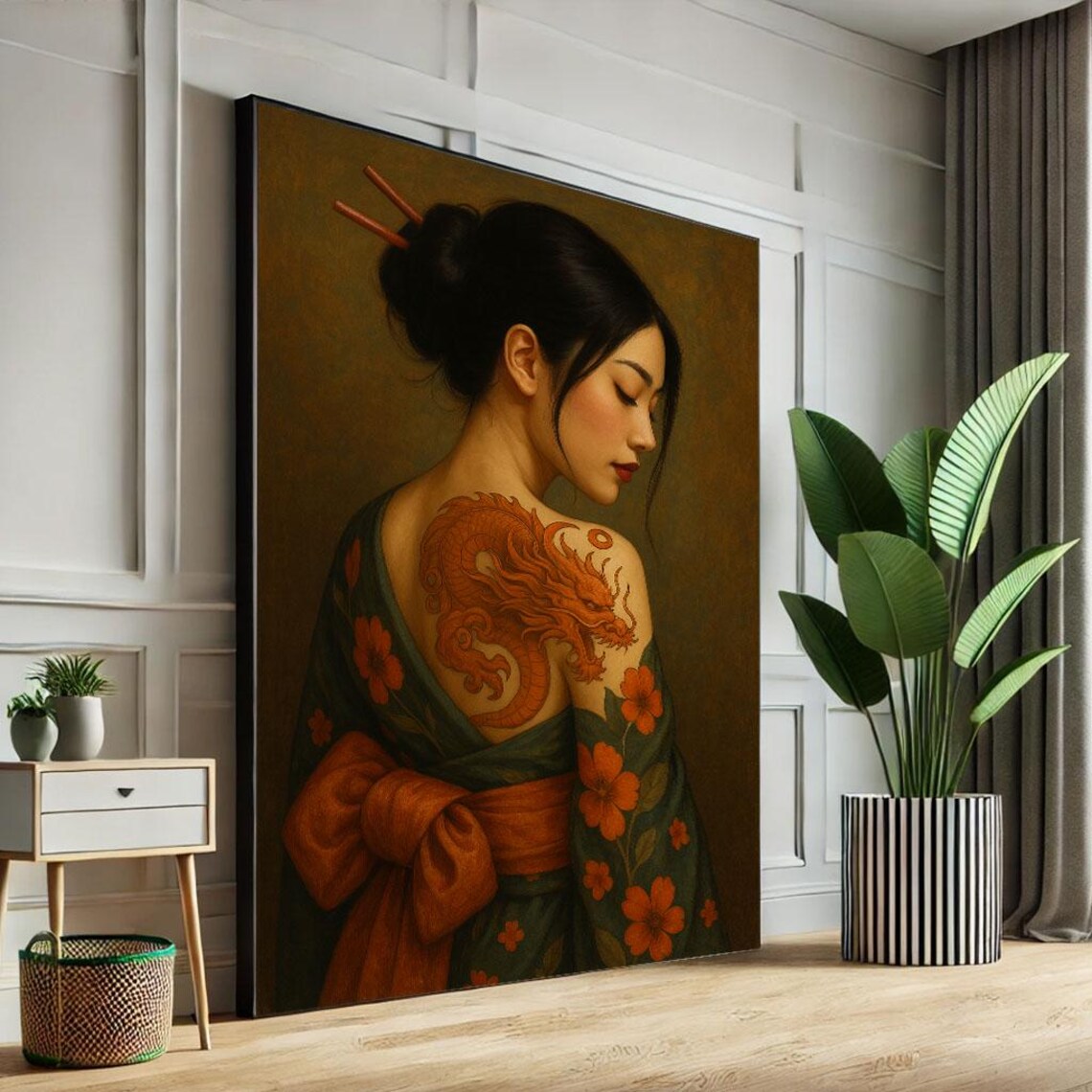 Elegant Geisha Dragon Back Tattoo Floral Kimono Back View Poster