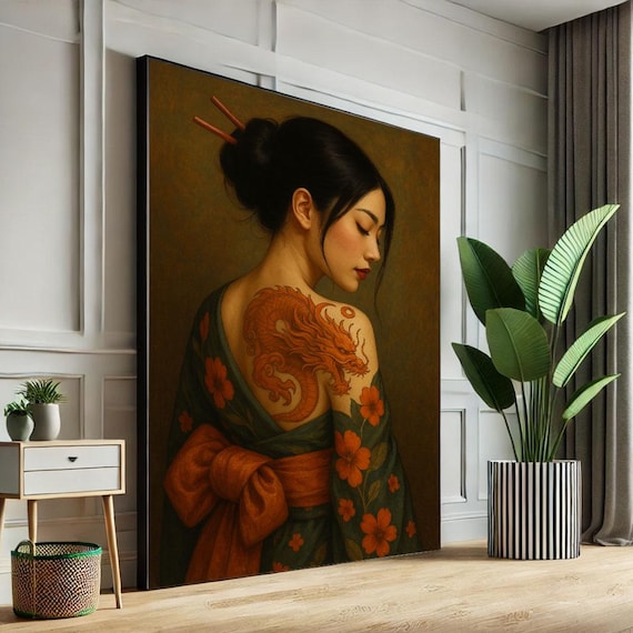 Elegant Geisha With Dragon Tattoo Canvas Wall Art Print Oriental Bedroom Decor Statement Piece