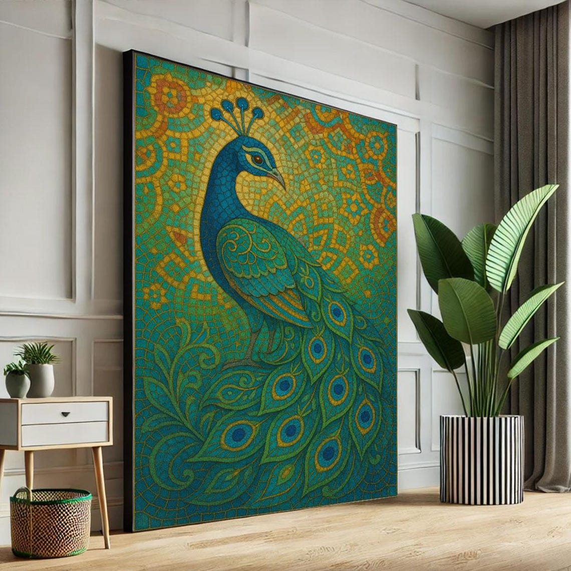 Teal Gold Peacock Mosaic Art Decorative Bird Painting Poster