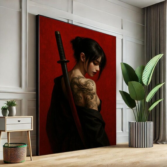 Samurai Woman Profile Red Background Dragon Tattoo Katana Moody Wall Poster