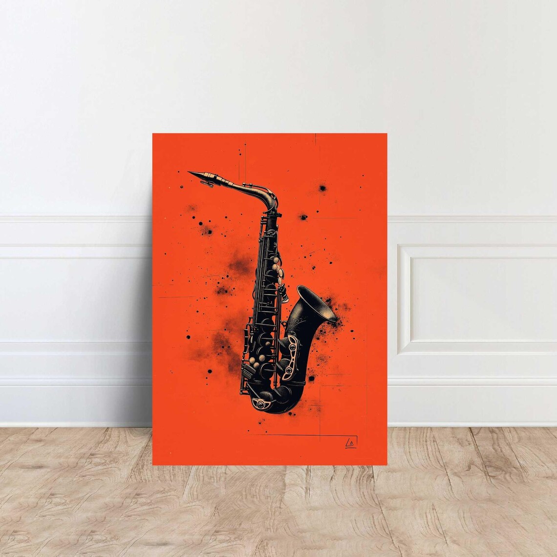 Black Saxophone Line Illustration on Bright Orange Red Jazz Music Art Poster