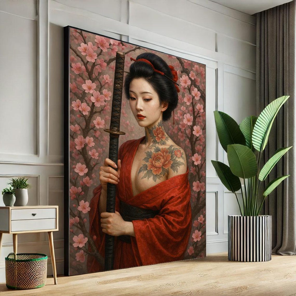 Samurai Woman With Katana Cherry Blossom Peony Tattoo Art Poster
