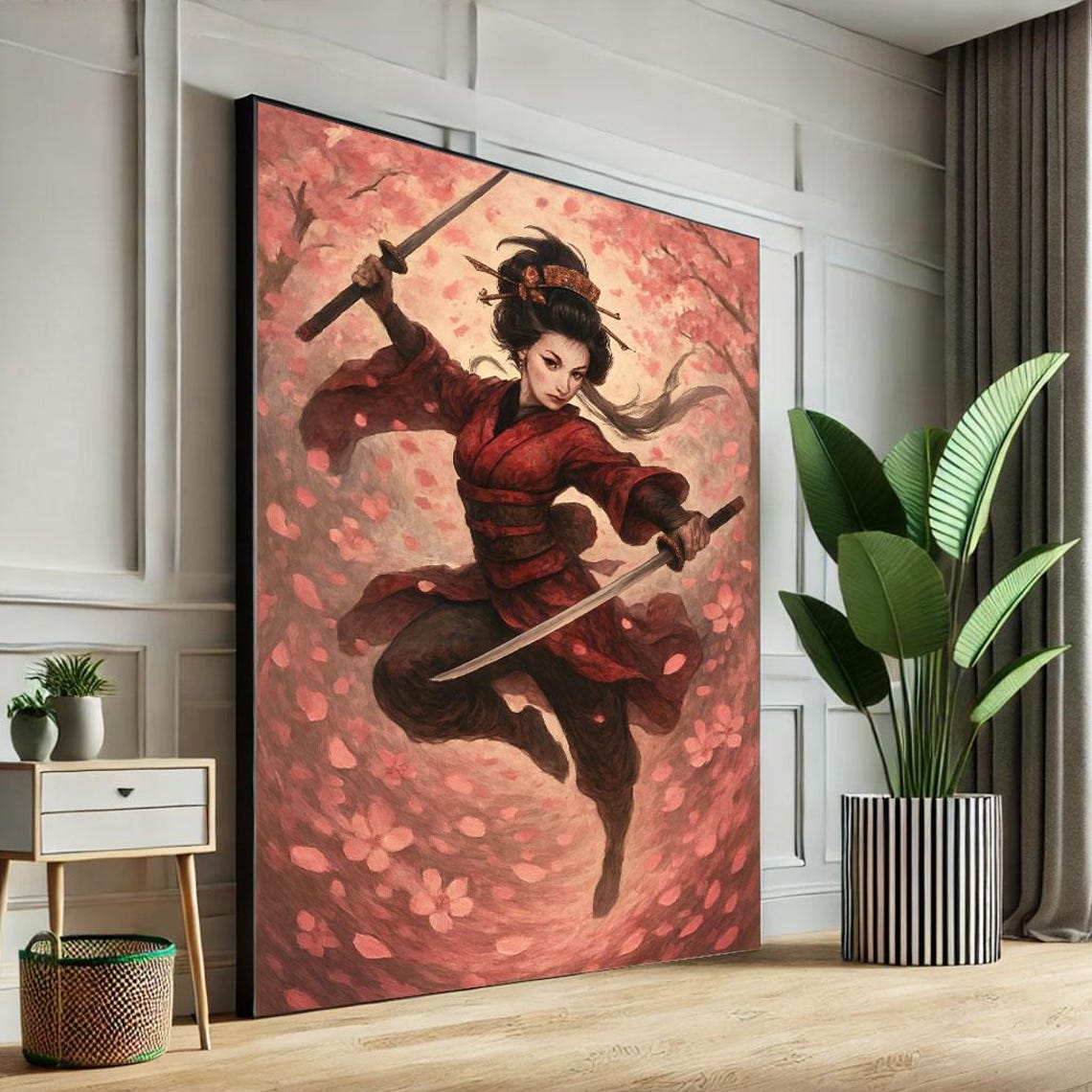 Leaping Samurai Woman with Twin Swords in Cherry Blossom Storm Poster