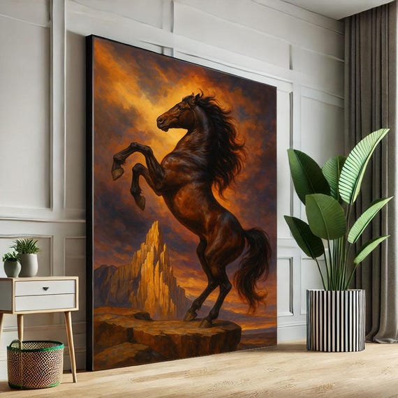 Fiery Stallion In Sunset Canvas Wall Art Print Dynamic Western Living Room Decor Statement Piece