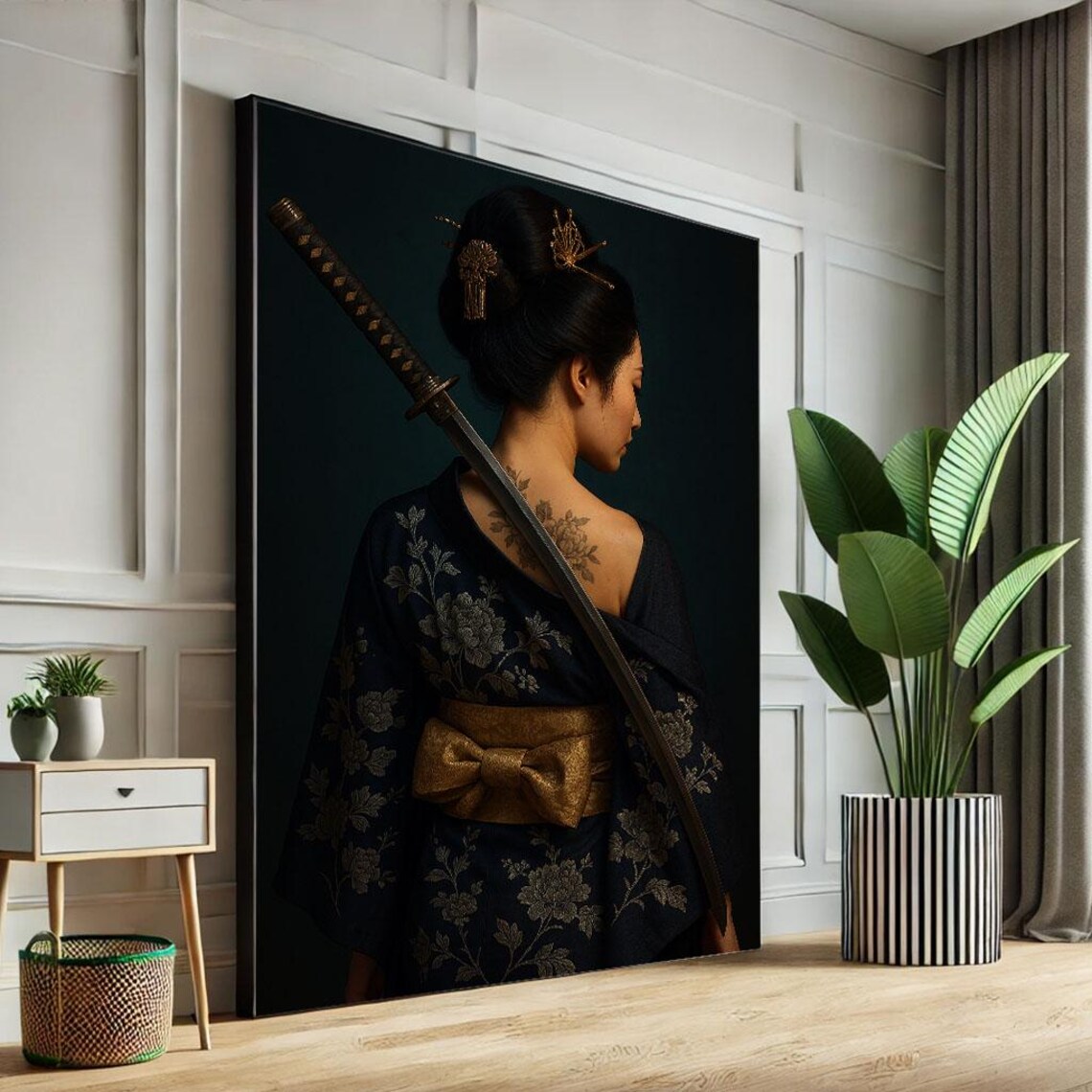 Woman from Behind Dark Floral Kimono Gold Obi Katana Art Poster