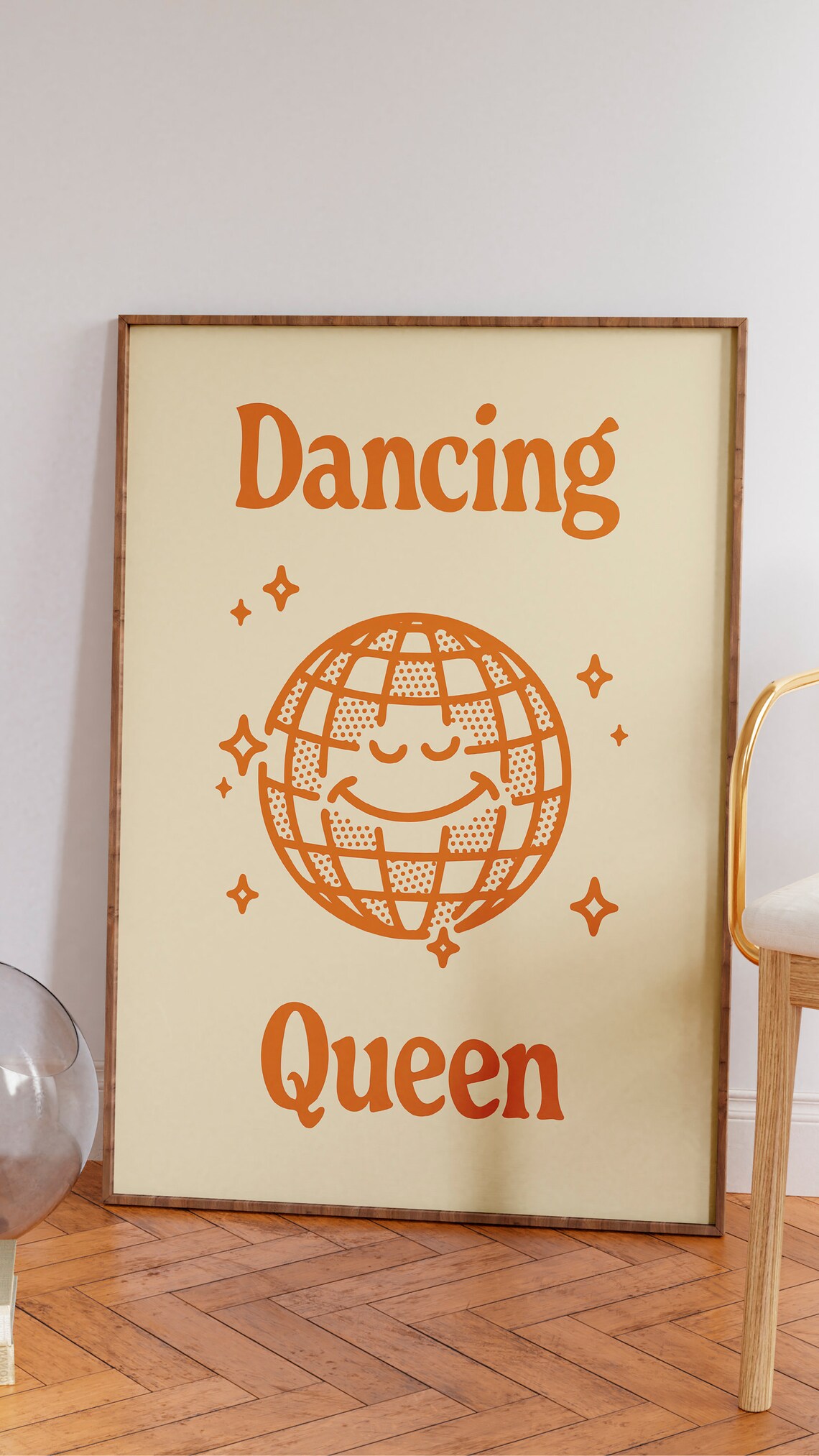 Dancing Queen Orange Smiling Disco Ball Retro 70s Party Quote Poster - Image 2