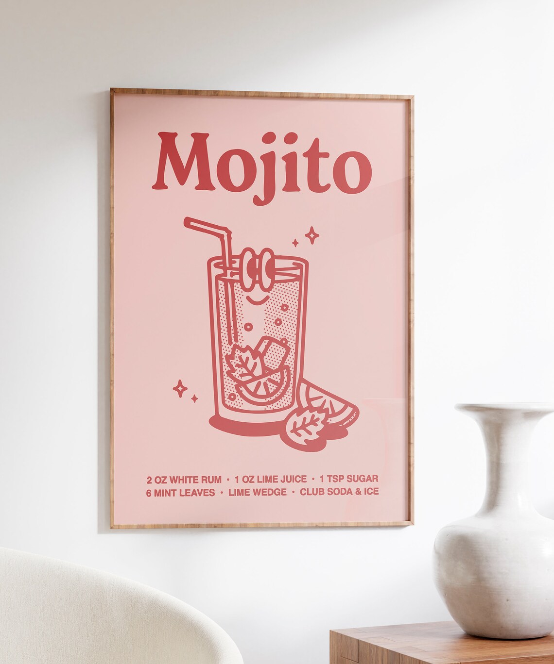 Mojito Cocktail Recipe Pink Line Art Kitchen Bar Cart Poster - Image 6