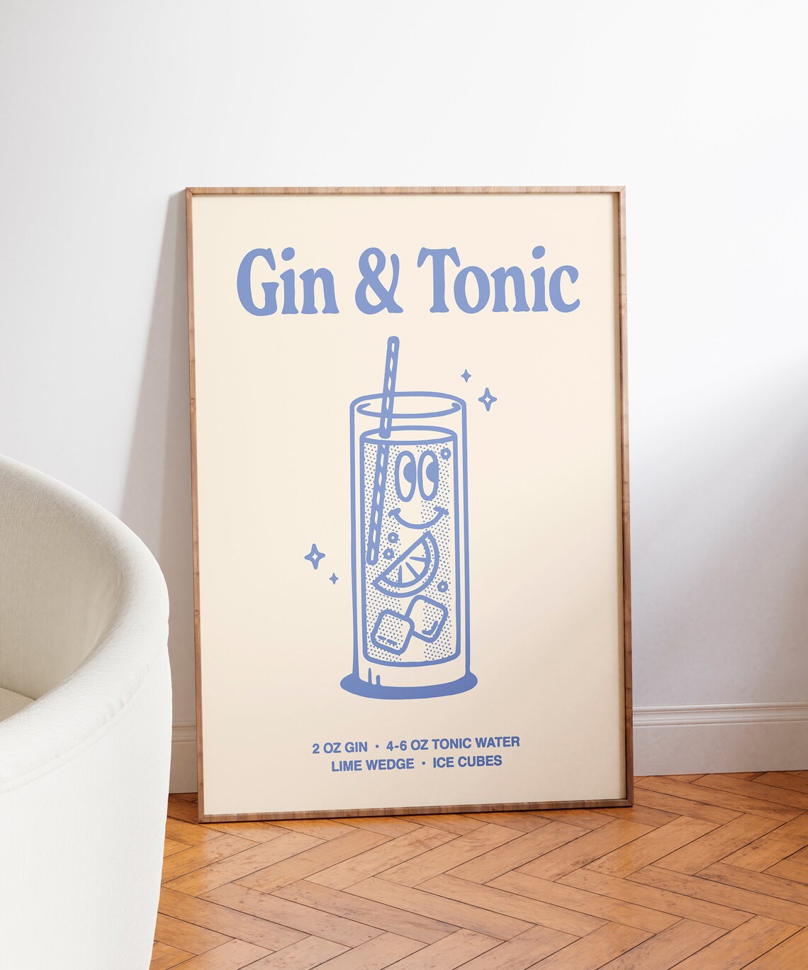 Gin and Tonic Cocktail Recipe Blue Retro Line Art Bar Cart Poster - Image 3