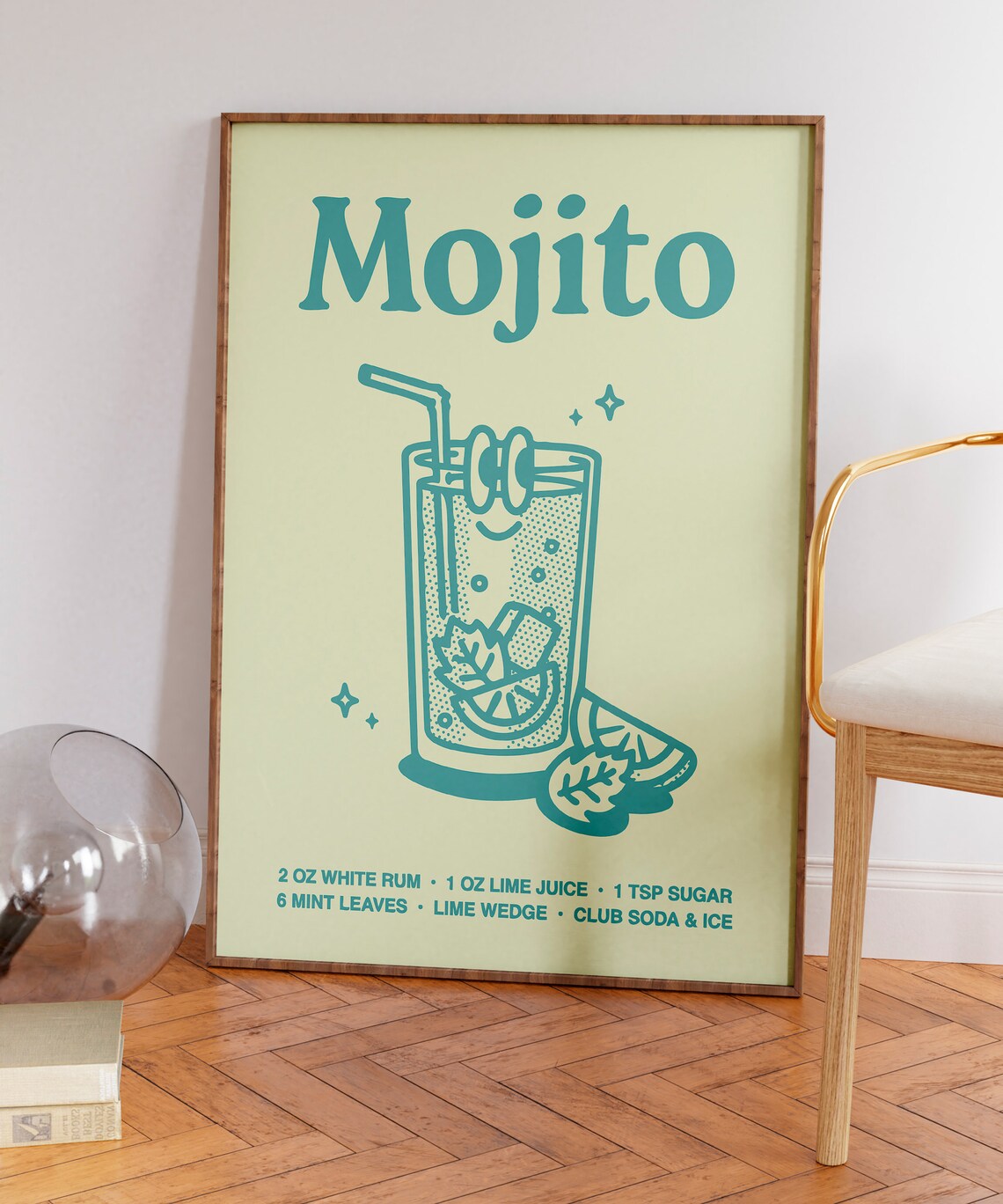 Mojito Cocktail Recipe Smiling Glass Retro Green Bar Cart Poster - Image 7