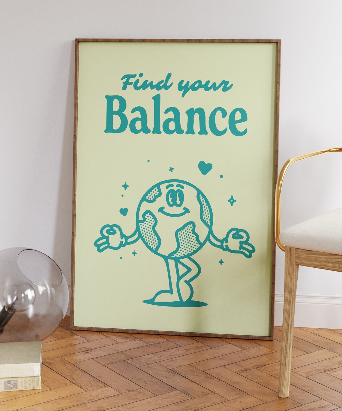 Find Your Balance Teal Globe Retro Character Quote Art Print - Image 4