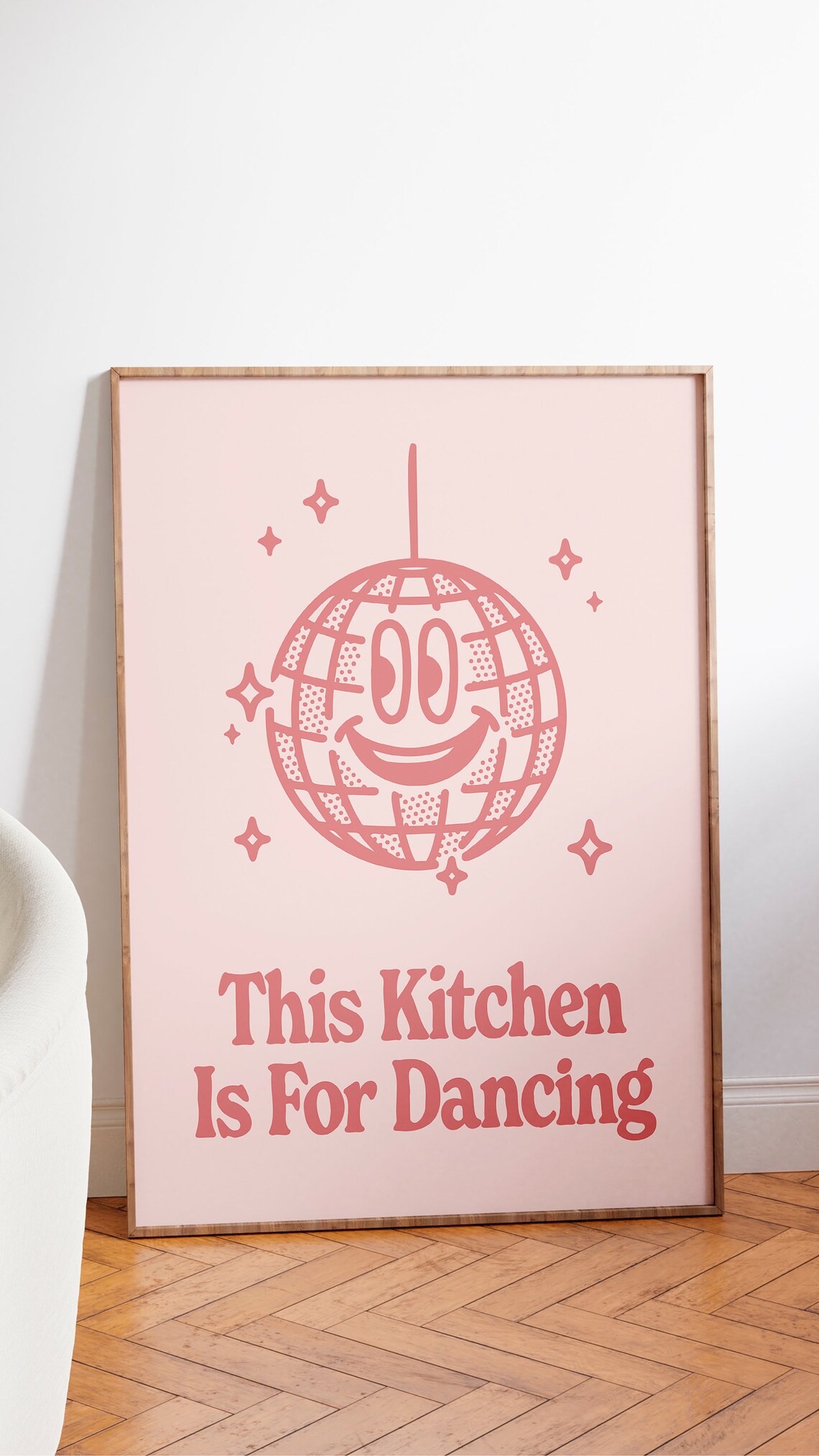 This Kitchen Is For Dancing Coral Pink Smiling Disco Ball Retro Quote Poster - Image 2