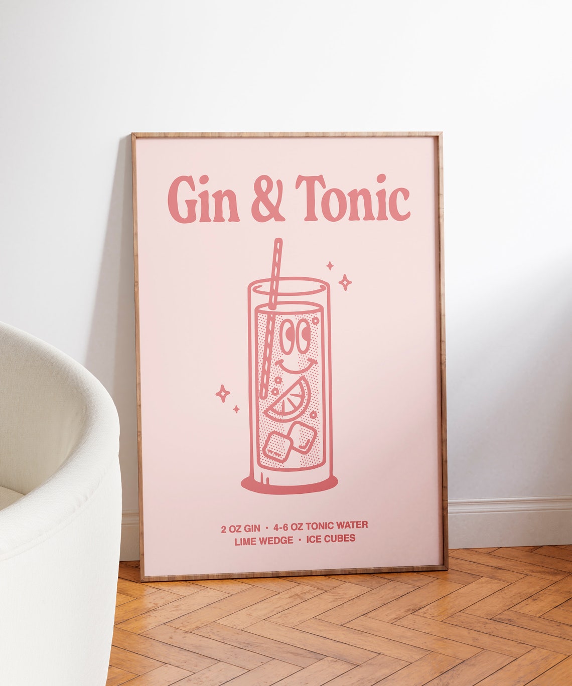 Gin And Tonic Recipe Retro Pink Cocktail Illustration Bar Cart Print - Image 3