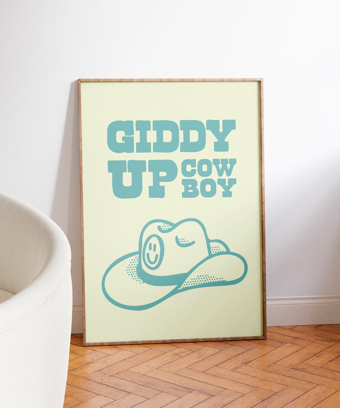 Giddy Up Cowboy Teal Smiling Cowboy Hat Retro Western Art Print - Image 3