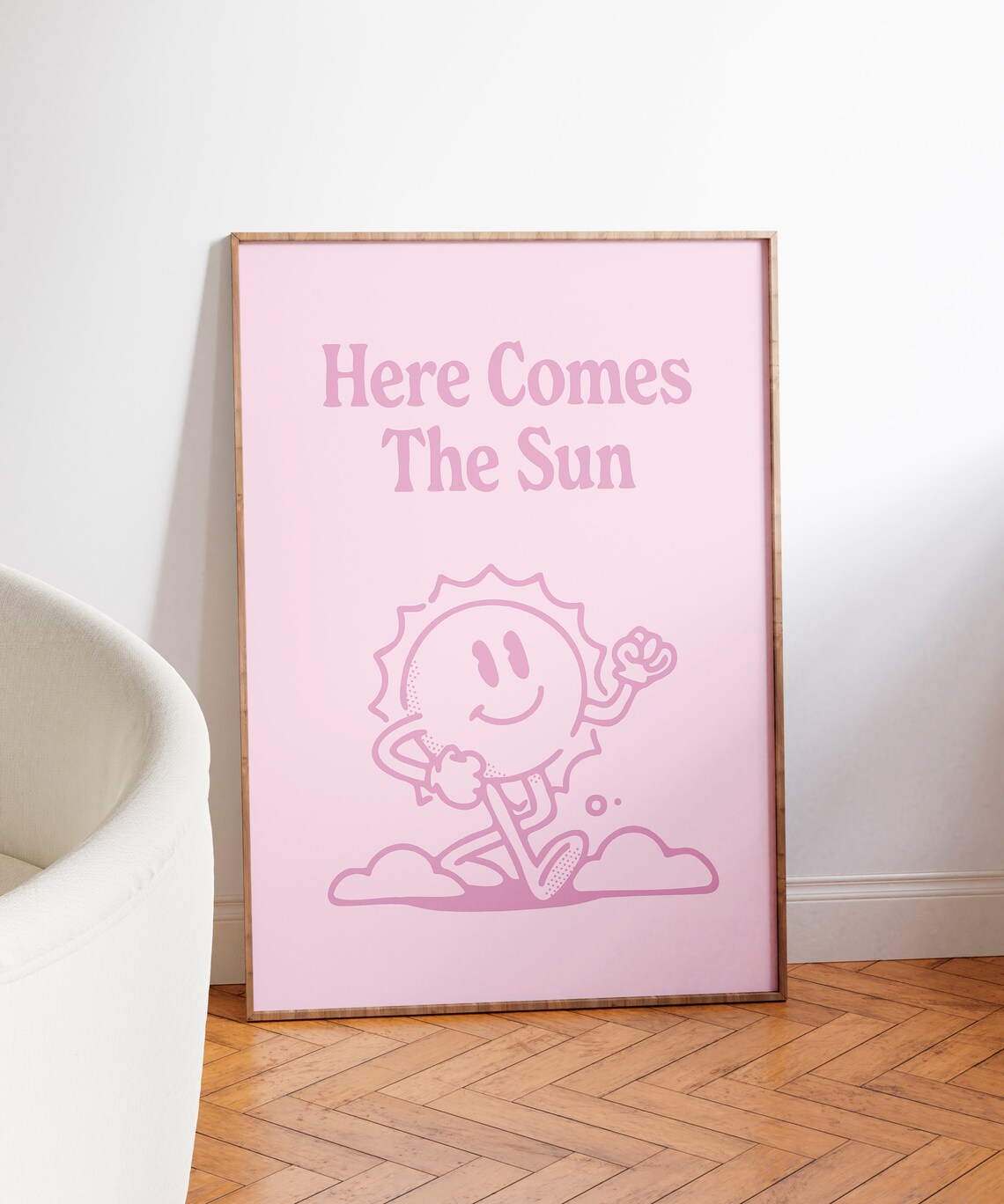 Here Comes The Sun Pink Retro Smiling Sun Mascot Quote Poster - Image 6