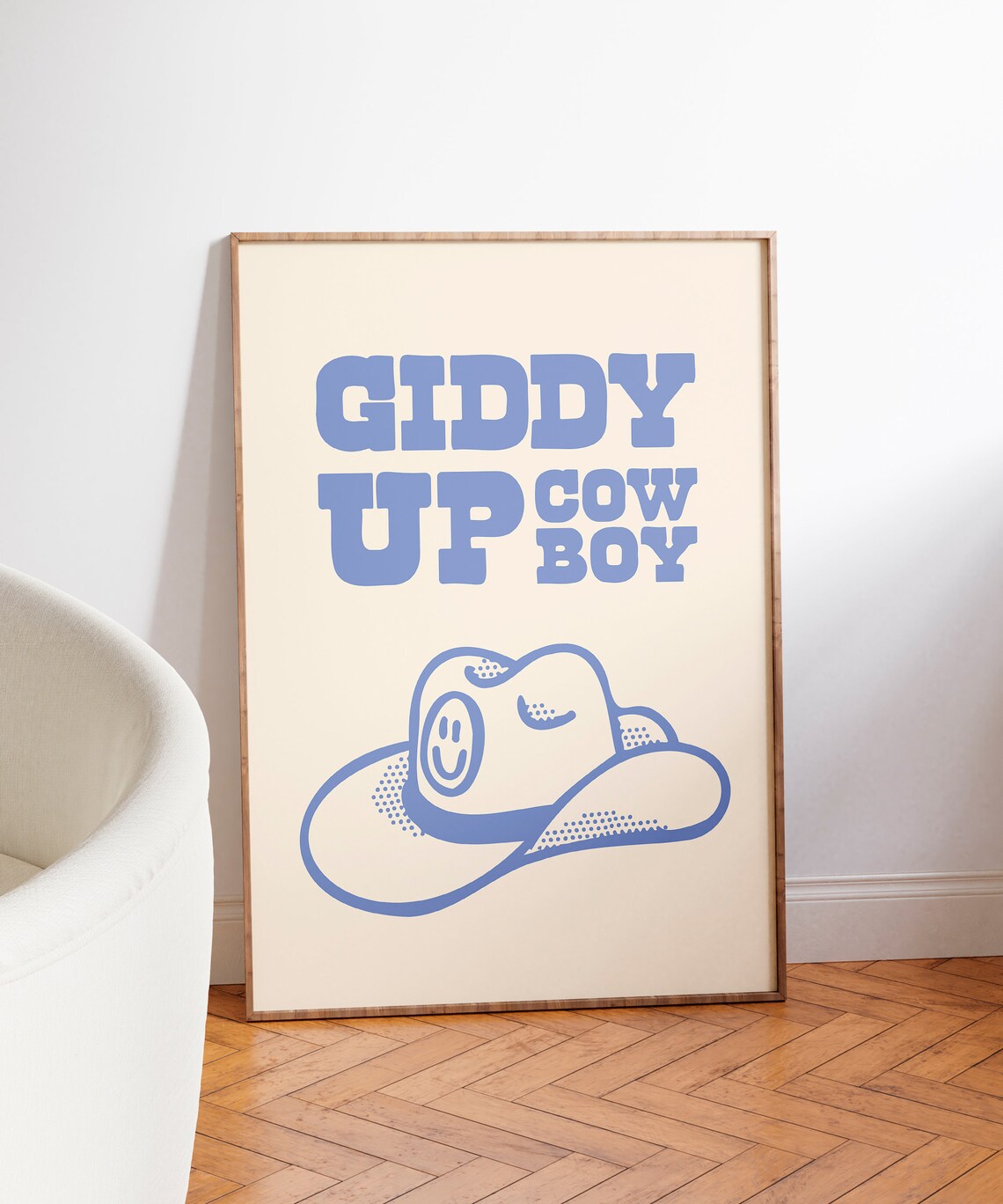 Giddy Up Cowboy Blue Smiling Cowboy Hat Retro Western Quote Poster - Image 4