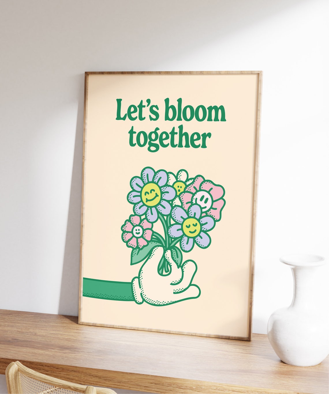 Let's Bloom Together Retro Smiling Flower Bouquet Wall Art Decor - Image 7