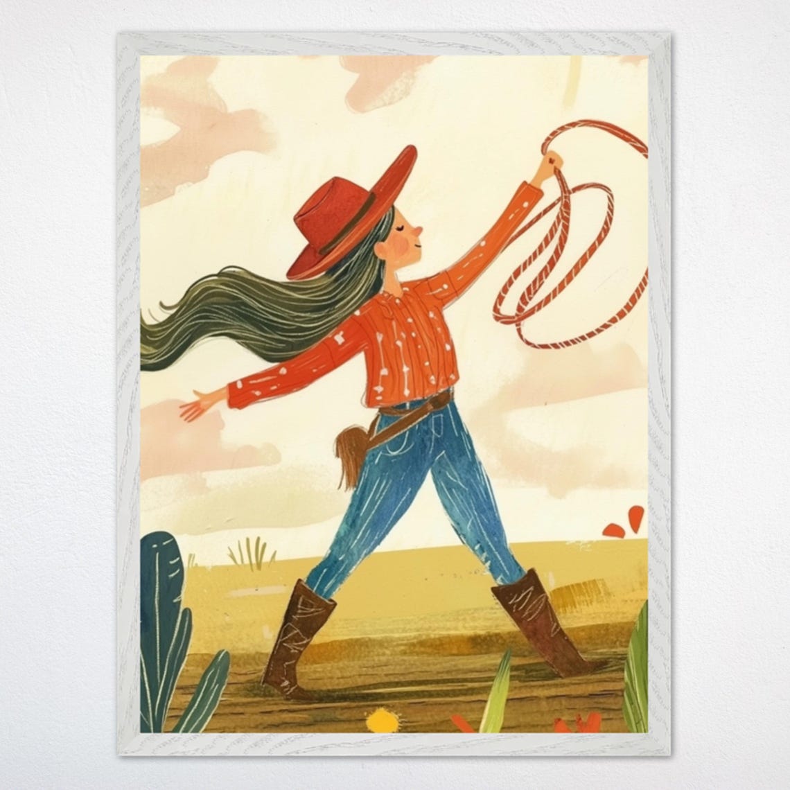 Young Cowgirl Swinging A Red Lasso In The Sunny Desert Poster